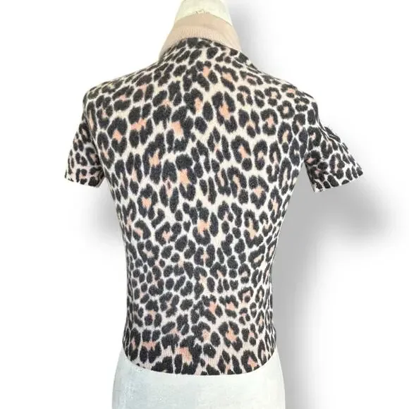 Kate Spade Leopard Bow Sweater XS Wool Short Sleeve Turtleneck Animal Print Top
